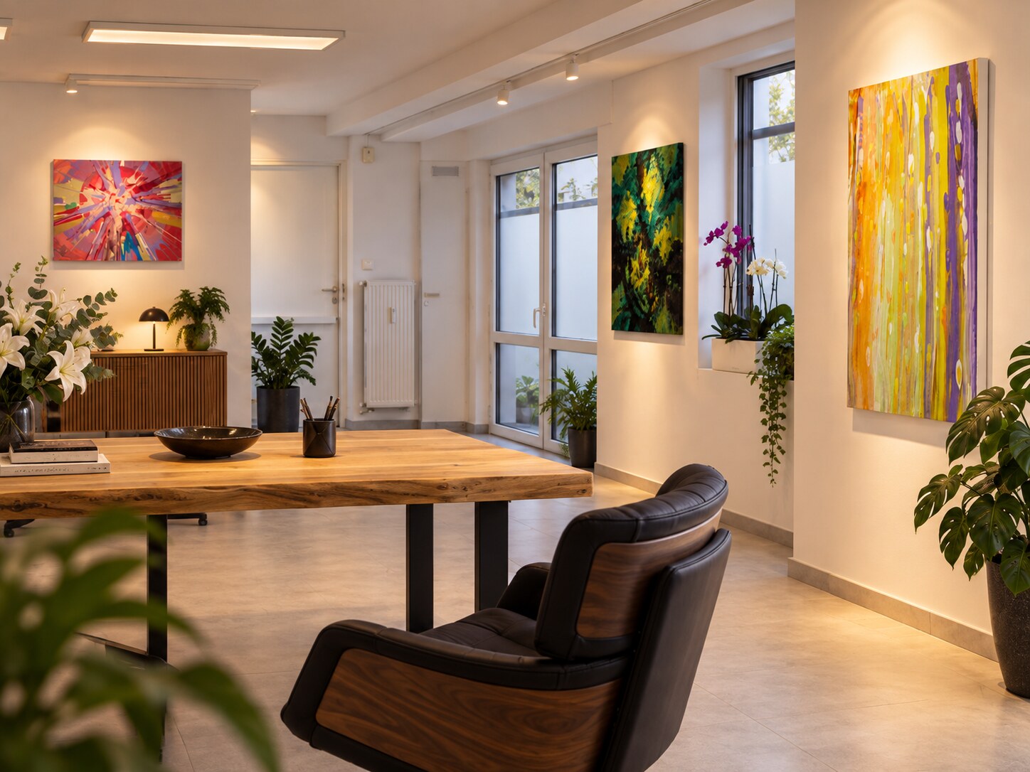 Galerieraum mit abstrakten Werken und Schreibtisch