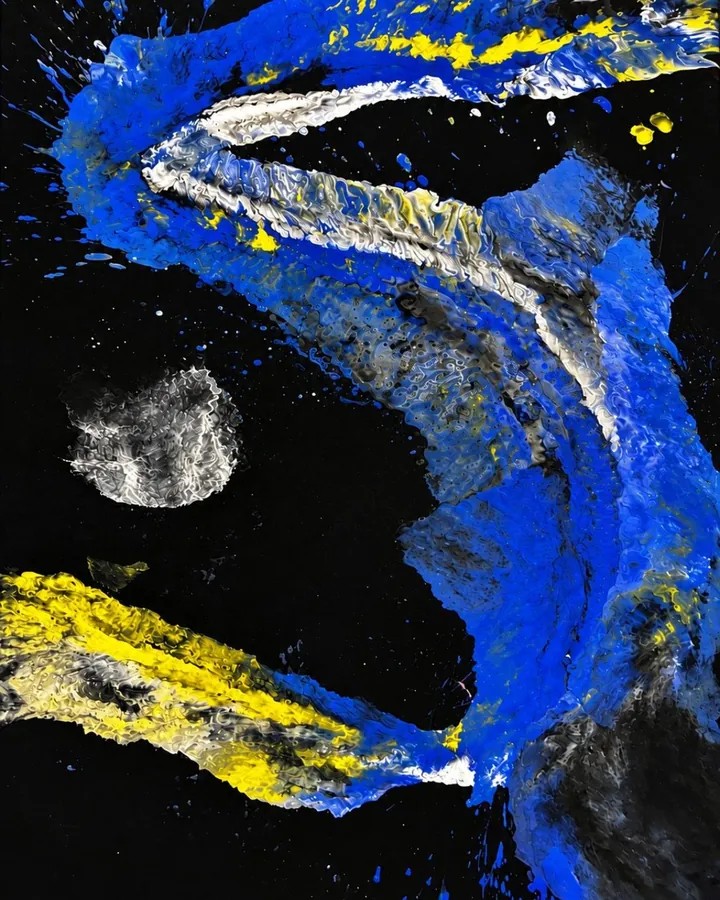 Abstraktes Werk in Blau, Gelb, Weiß und Schwarz