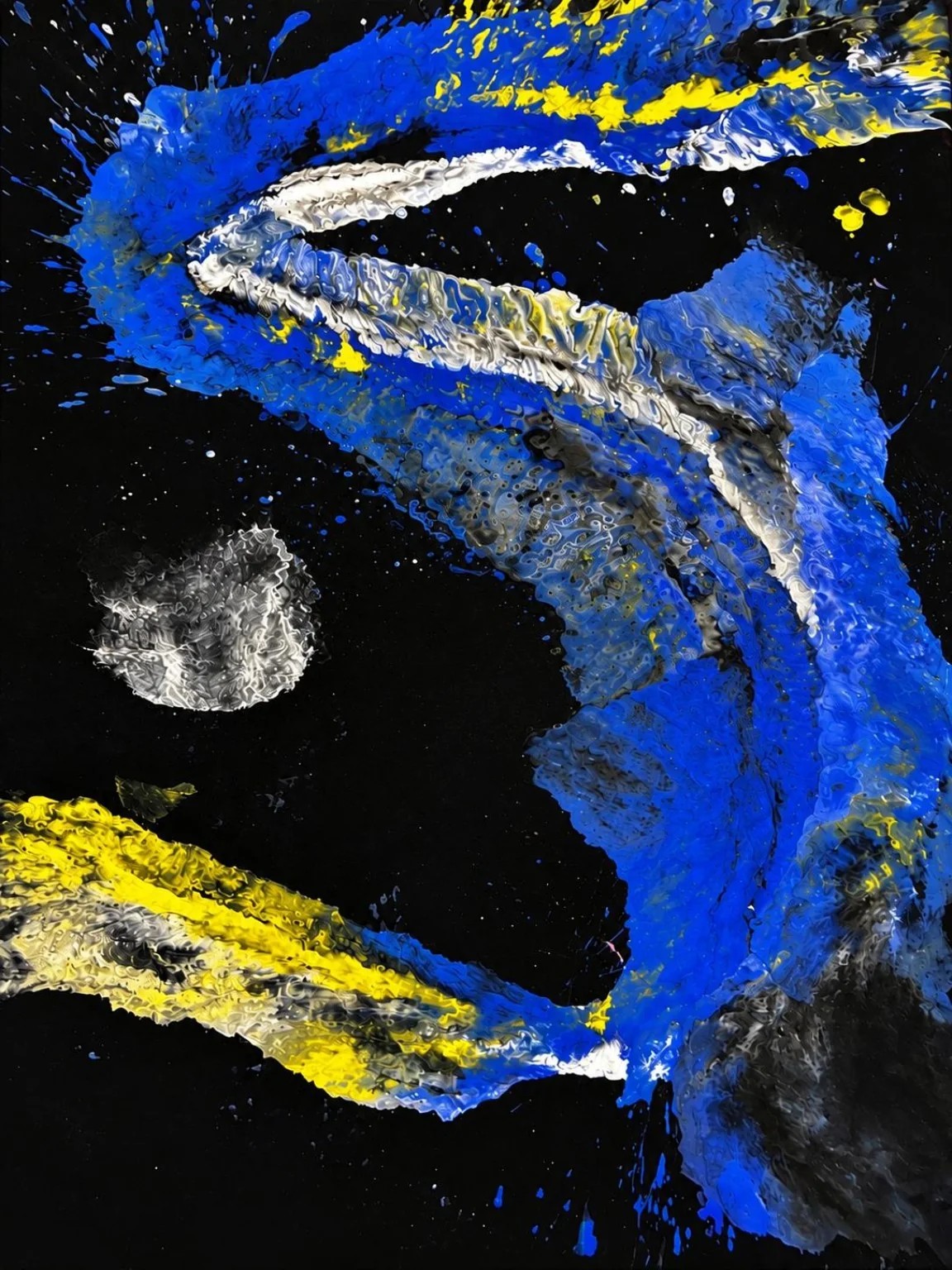 Abstraktes Werk in Blau, Gelb, Weiß und Schwarz