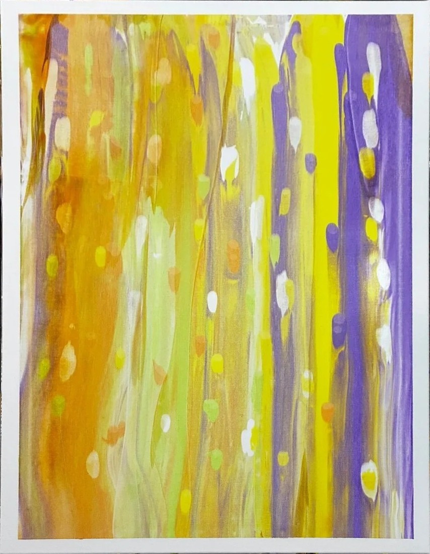 Abstraktes Werk in Gelb, Violett und Orange