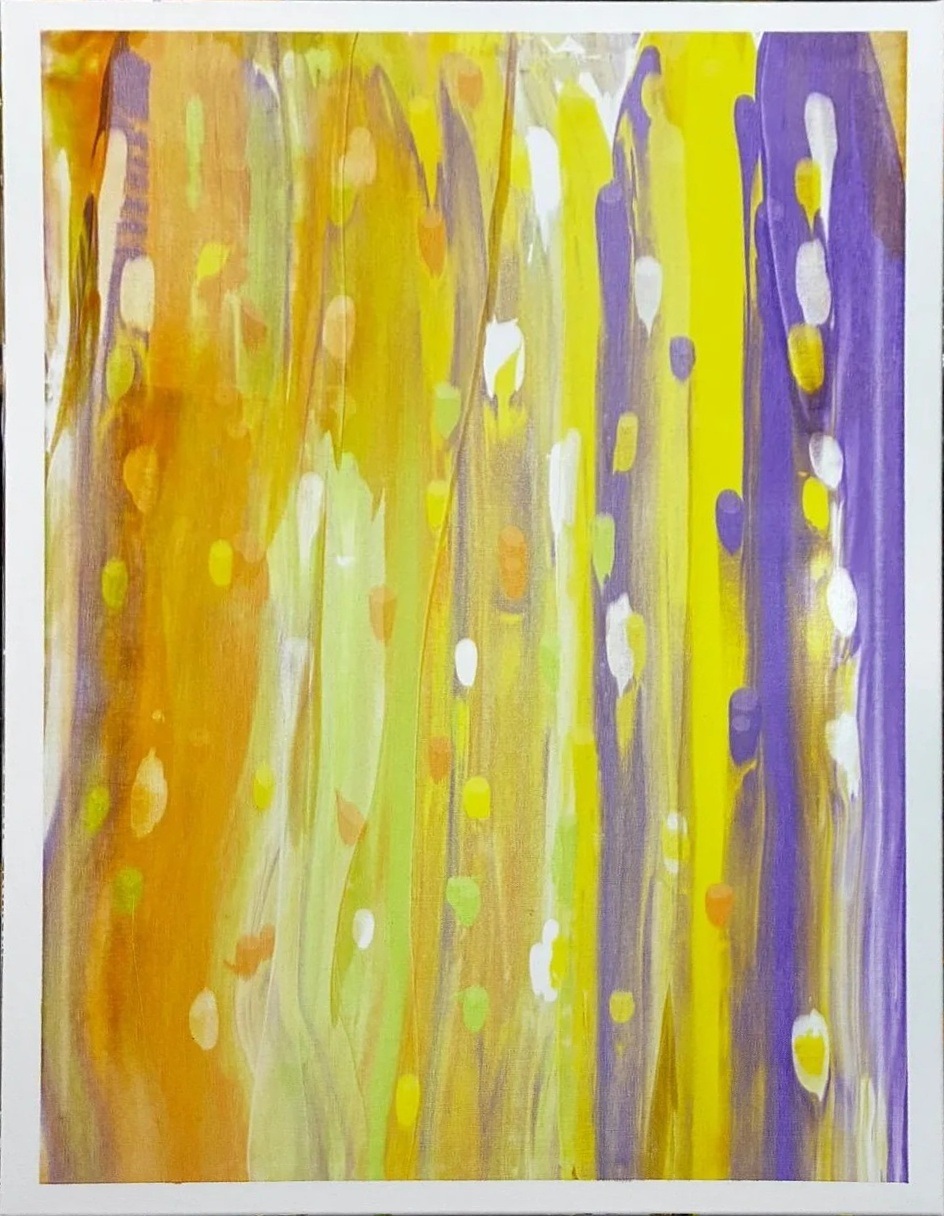 Abstraktes Werk in Gelb, Violett und Orange