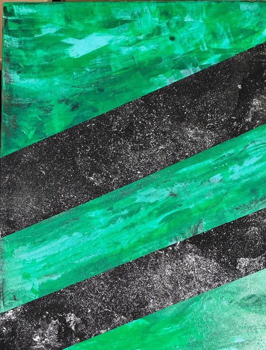 Abstraktes Werk in Grün und Schwarz mit diagonalen Flächen